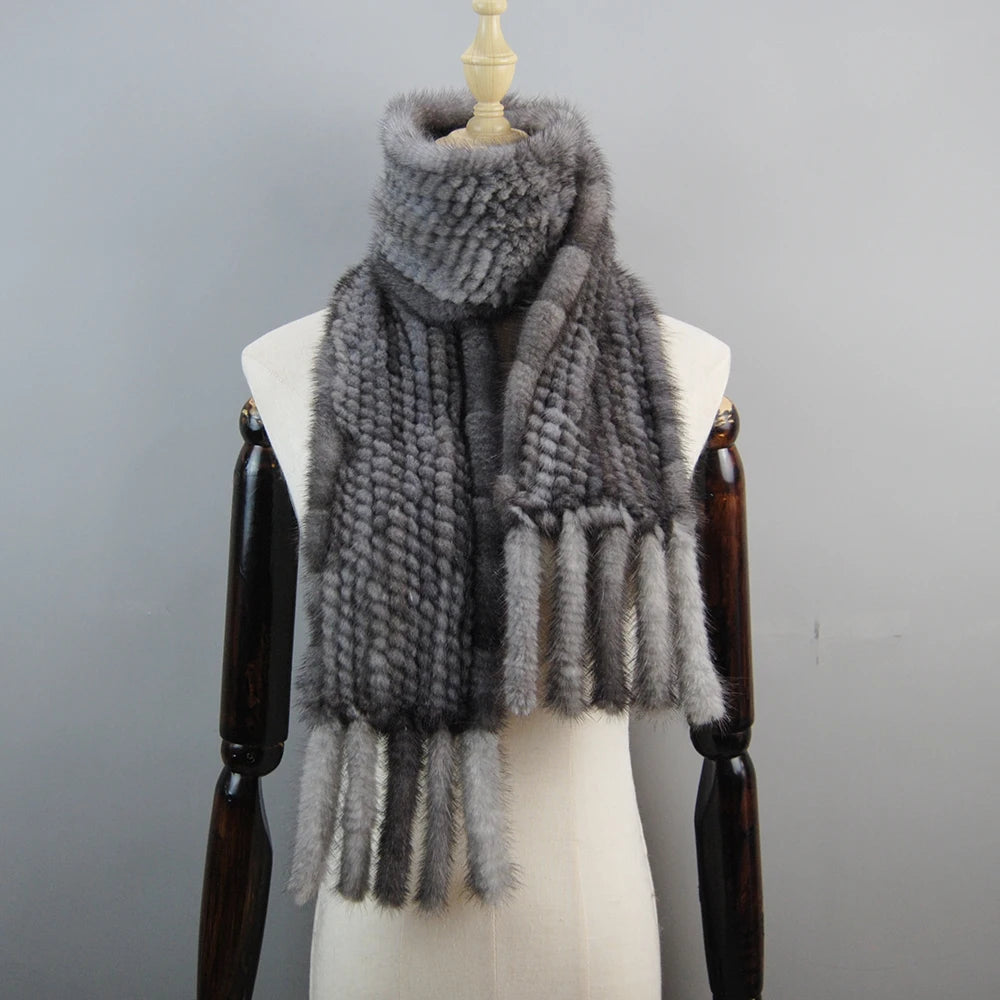 2025 Luxury Women Muffler 100% Real Mink Fur Scarf With Tassel Hand Knitted Natural Mink Scarves Neck Warmer Poncho Wholesale