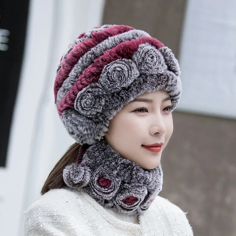 Hot Sale Women Warm Rex Rabbit Fur Hat Scarf Sets Winter Lady Knit Fur Hats Muffler 2 Pieces Natural Rex Rabbit Fur Cap Scarves