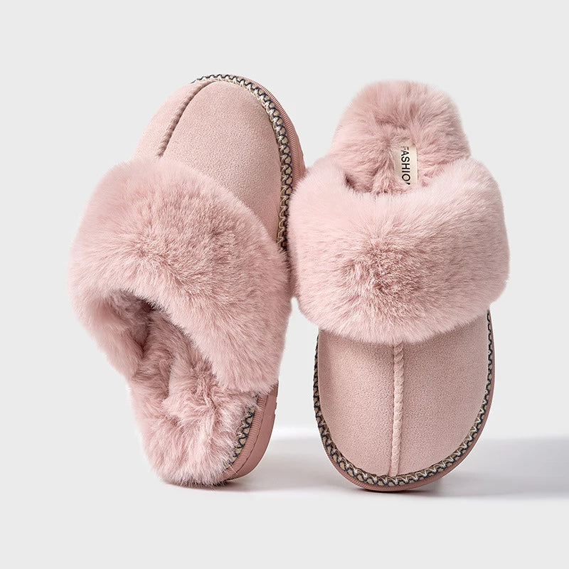 Comwarm Warm Fuzzy Cotton Slippers For Women Indoor Non-slip Faux Fur Collar Fluffy Slides Winter Soft Comfort Plush House Shoes