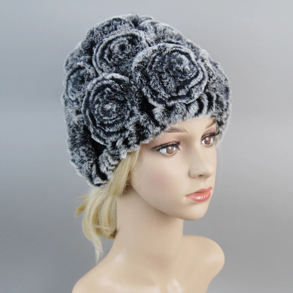 Winter Knitted 100% Natural Fur Hats Scarves Sets Women Warm Real Rex Rabbit Fur Hat Scarf Lady Fashiom Thick Rex Rabbit Fur Hat