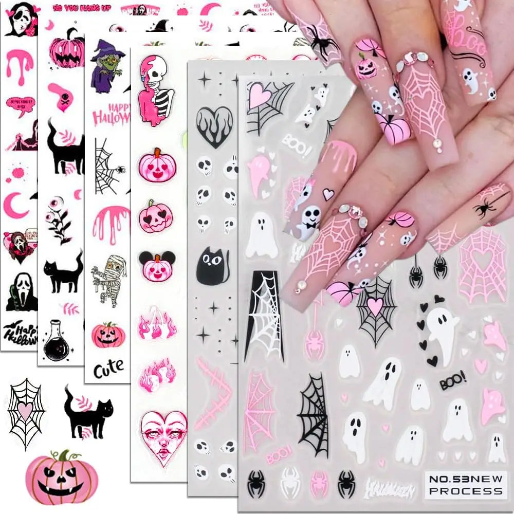 6-Sheet Halloween Nail Art Stickers Set - Holiday Party Nail Decals with Ghosts, Spider Webs & Festive Designs