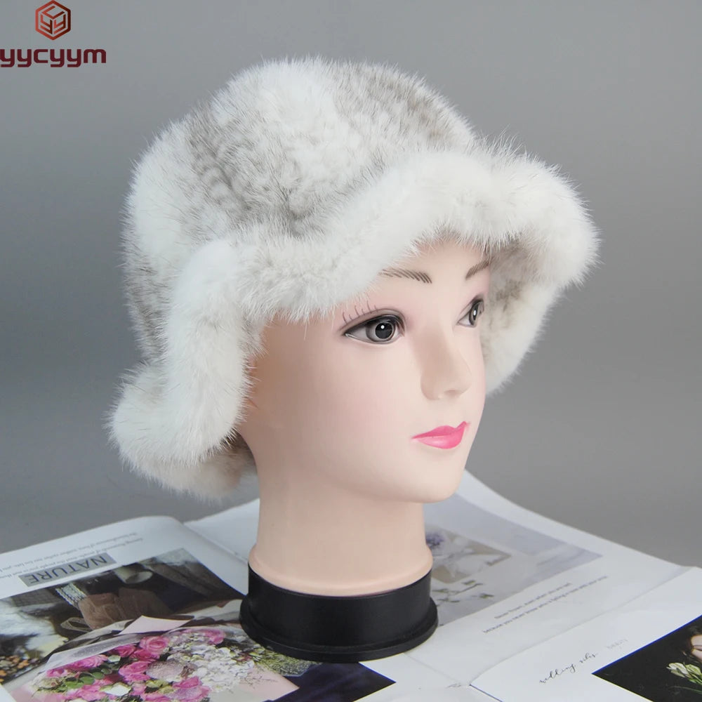 Women's Hat 2025 New Winter Real Mink Fur Hat Casual Luxury Flower Knitted Bucket Hat Pots Cap Lady Natural Mink Fur Cap Beanies