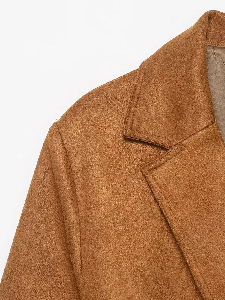 Women's Vintage Solid Elegant Blazer Suede Fashion 2025 Autumn Office Lady Sashes Chic Loose Chic Streetwear Mujer Outwear