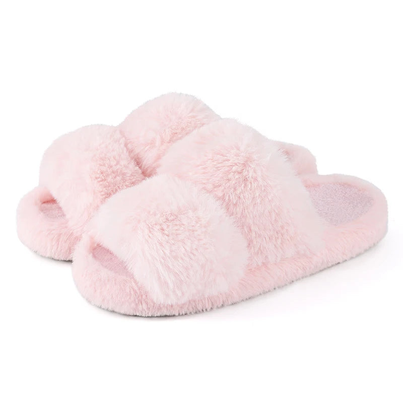 Evshine New Open Toe Fluffy Slippers Indoor Warm Fur Female Slides Fashion Plush Women House Shoes Women Winter Fuzzy Slippers