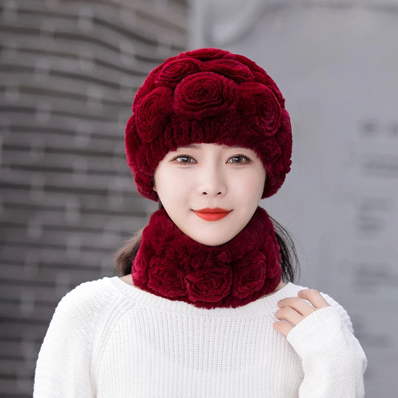 Winter Knitted 100% Natural Fur Hats Scarves Sets Women Warm Real Rex Rabbit Fur Hat Scarf Lady Fashiom Thick Rex Rabbit Fur Hat