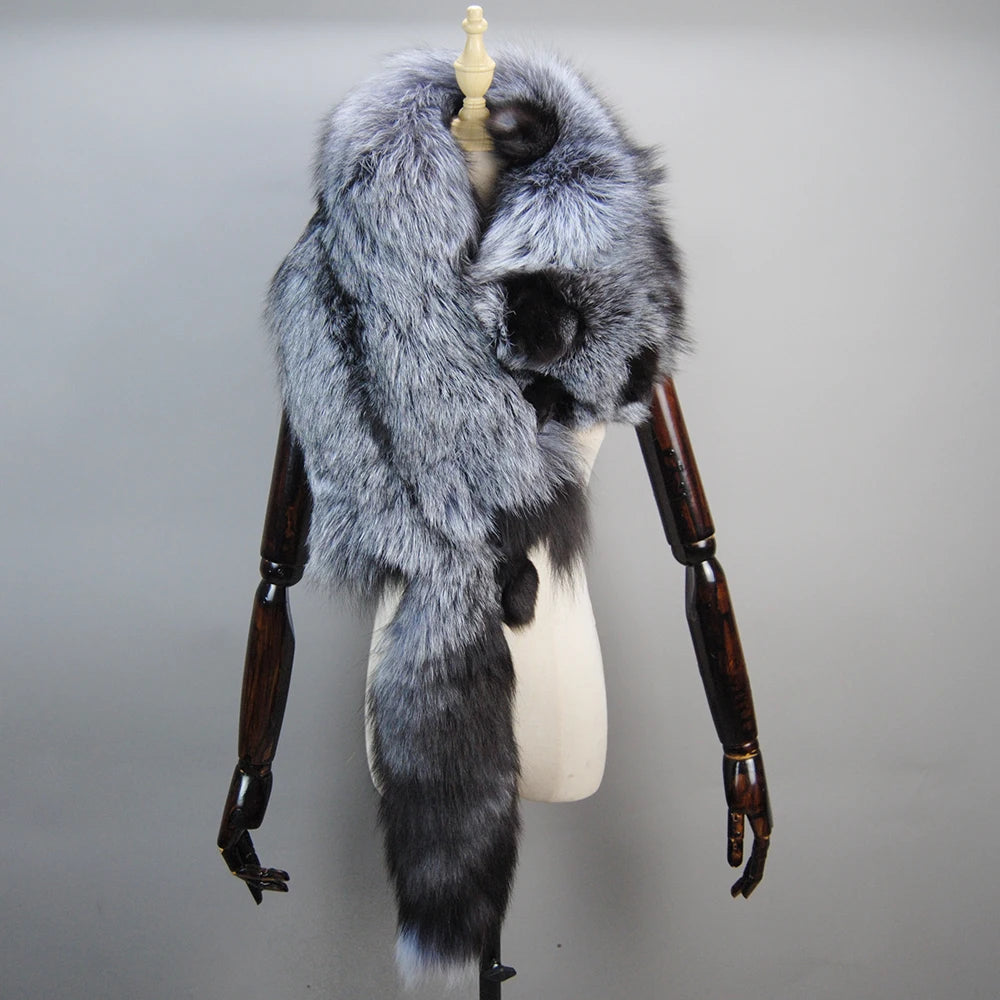 2025 Men's Real Fur Fox Scarf Woman Winter Warm Natural Fur Shawl Soft Headscarf Super big Gray Silver Fox Scarf Fur Accessories