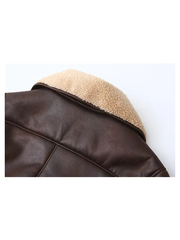 Vintage Casual Women Jackets Artificial Leather Turn-down Collar Single Breasted Loose Thick Coats Fashion Outwears