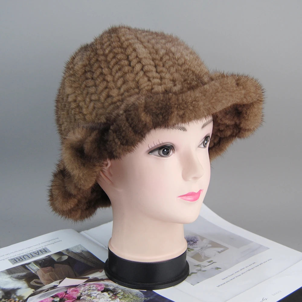 Women's Hat 2025 New Winter Real Mink Fur Hat Casual Luxury Flower Knitted Bucket Hat Pots Cap Lady Natural Mink Fur Cap Beanies