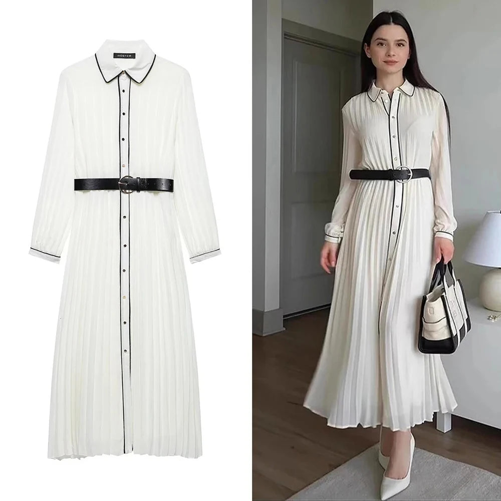 Women's Colourful Lapel Pleated Dress Corseted Long Sleeve Single Breasted (With Belt) Long Dress Elegant Women's Clothing