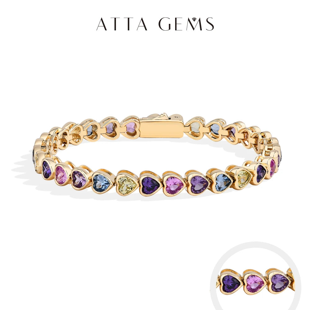 ATTAGEMS Heart-shape Sapphire Colorful Bracelet S925 Sterling Silver 18K Gold Plated Zircon For Women Engagement  Party  Jewelry