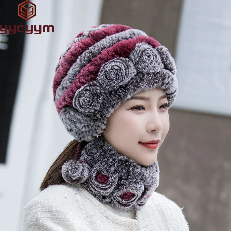 Hot Sale Women Warm Rex Rabbit Fur Hat Scarf Sets Winter Lady Knit Fur Hats Muffler 2 Pieces Natural Rex Rabbit Fur Cap Scarves
