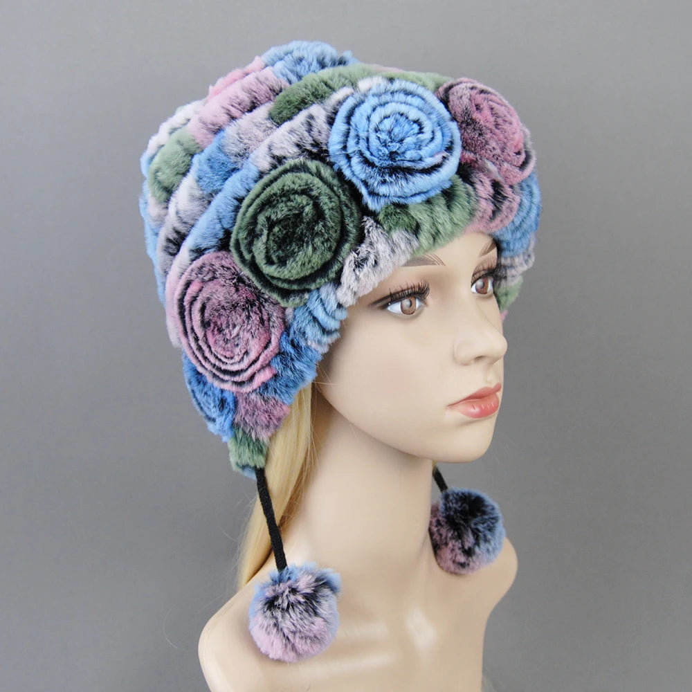 Hot Sale Women Warm Rex Rabbit Fur Hat Scarf Sets Winter Lady Knit Fur Hats Muffler 2 Pieces Natural Rex Rabbit Fur Cap Scarves