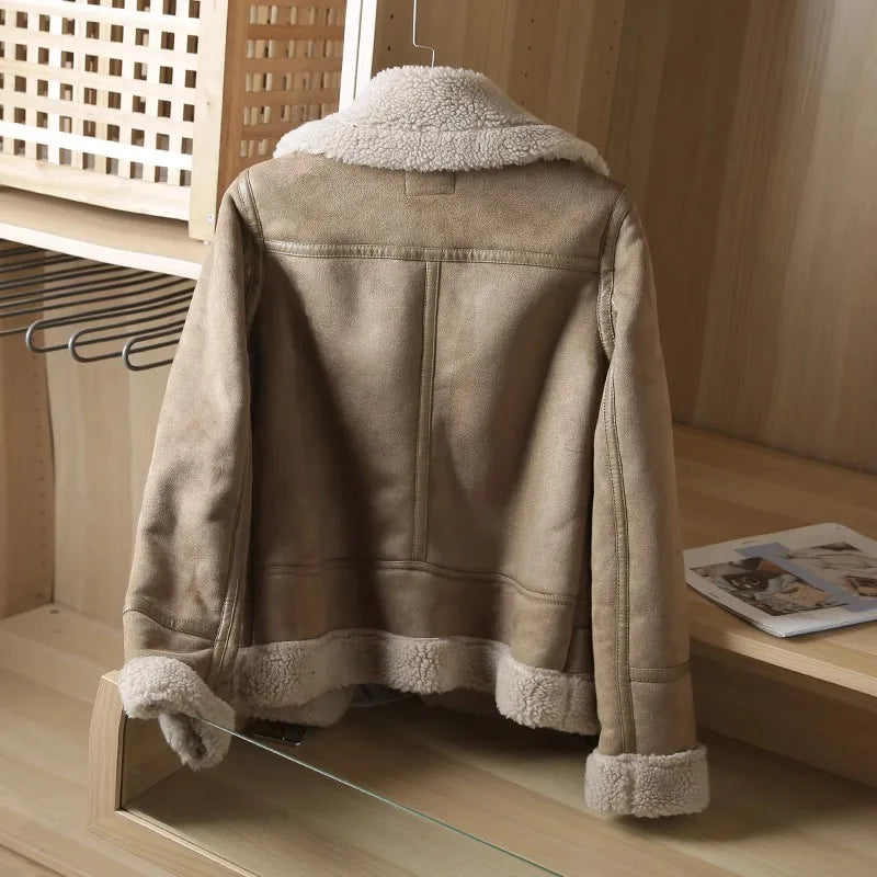 2025 Winter Women Thick Warm Suede Lamb Jacket Short Motorcycle Brown Coats Faux Shearling Sheepskin Leather Jackets Outwear