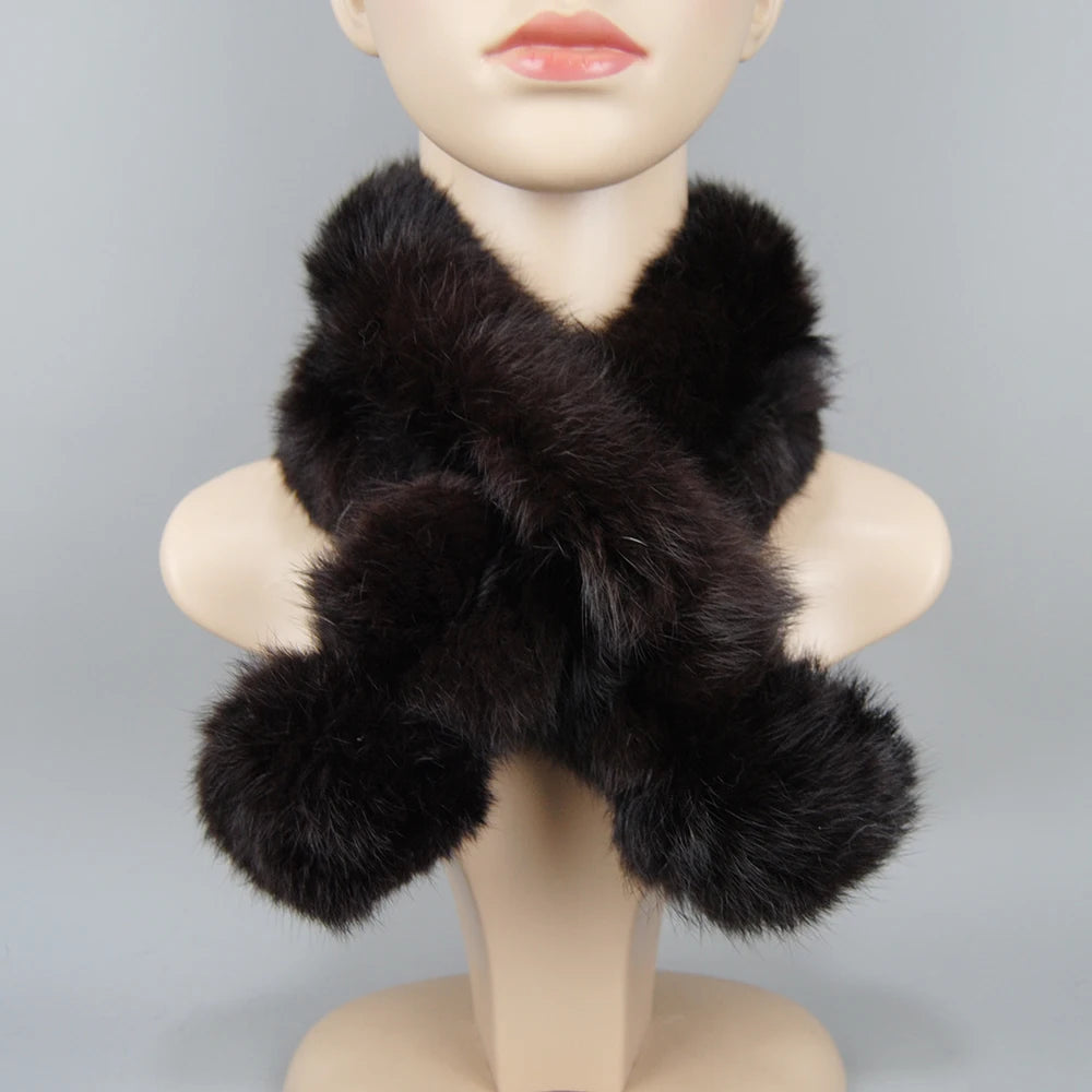 2025 New Russian Women Genuine Rabbit Fur Scarf Winter Ladies Warm Real Rabbit Fur Muffler Fluffy Pompoms Natural Fur Scarves