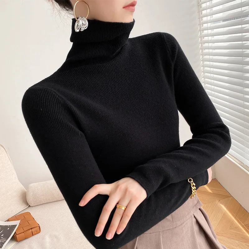 Women Heaps Collar Turtleneck Sweaters Autumn Winter Slim Pullover Women Basic Tops Casual Soft Knit Sweater Soft Warm Jumper