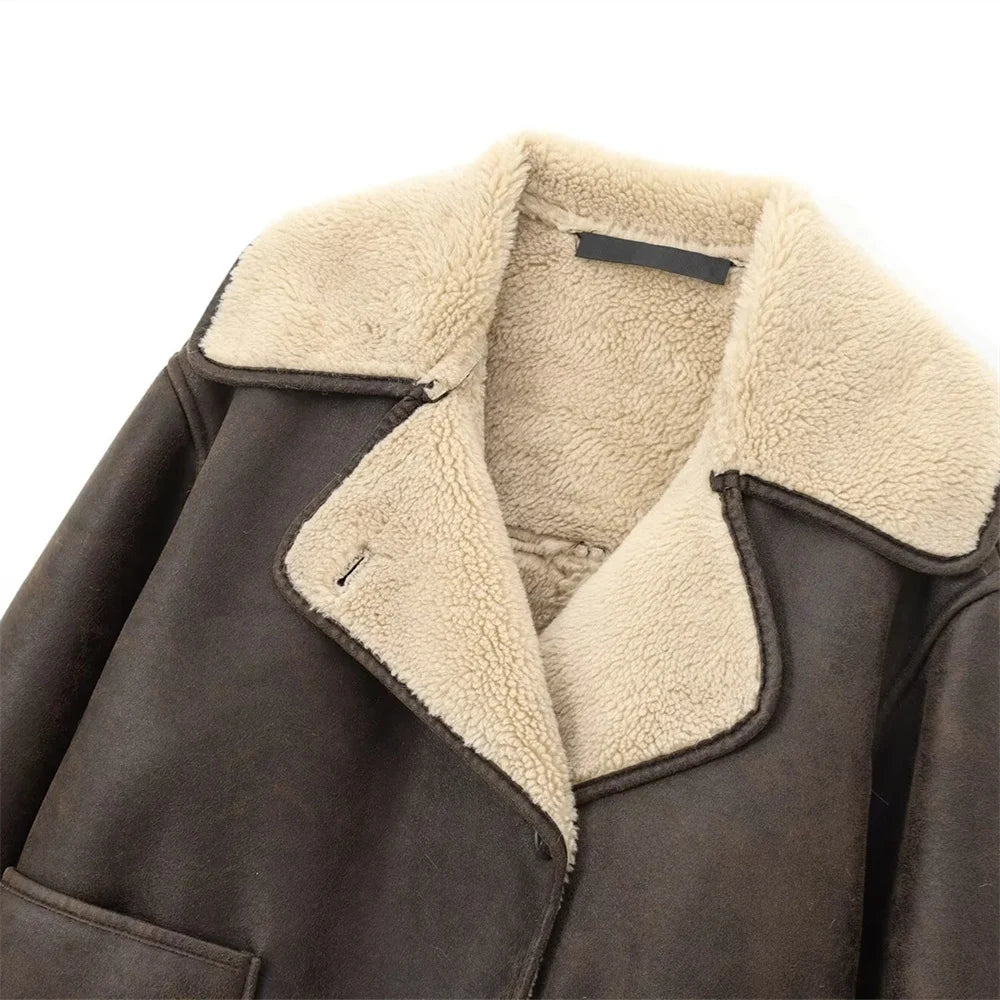 Pocket Decor Single breasted Warm Coat Autumn/Winter Fleece Collar Long Sleeve Women's Jacket Coat