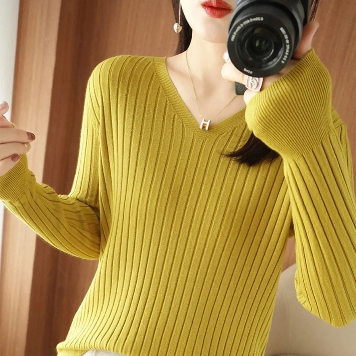 Chic Casual Autumn Winter Basic Sweater Pullovers Women V-neck Solid Knit Loose Pullover Female Long Sleeve Warm Khaki Sweater