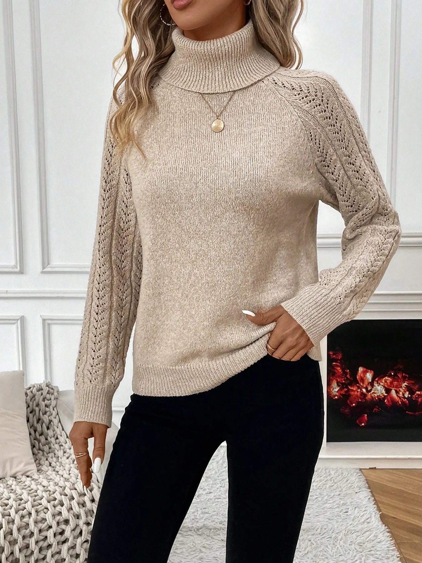 High Neck Knit Sweater - 100% Acrylic Hollow Weave, Loose Fit - Women's Casual Pullover for Fall/Winter
