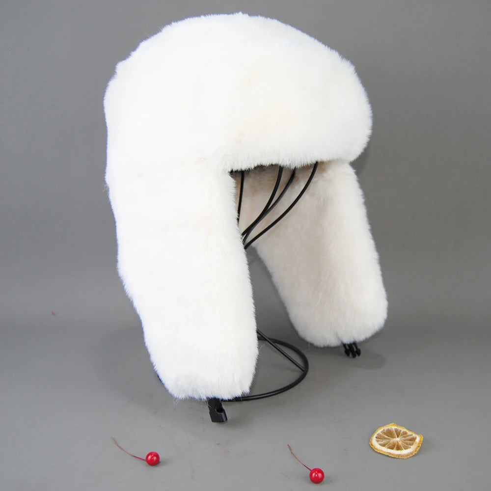 2025 Winter Russian Man Woman White Skin False Rex Rabbit Fur Hats Luxury False Rex Rabbit Fur Cap Unisex False Fur Bomber Hat