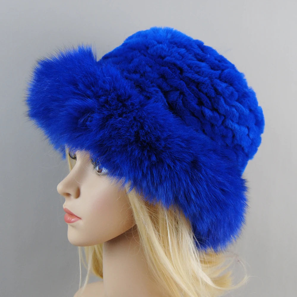 New Style Luxury Knitted Real Genuine Fox Fur Hats Women Beanies Solid Rex Rabbit Fur Caps Winter Lady Fashion Fur Skullies Hat