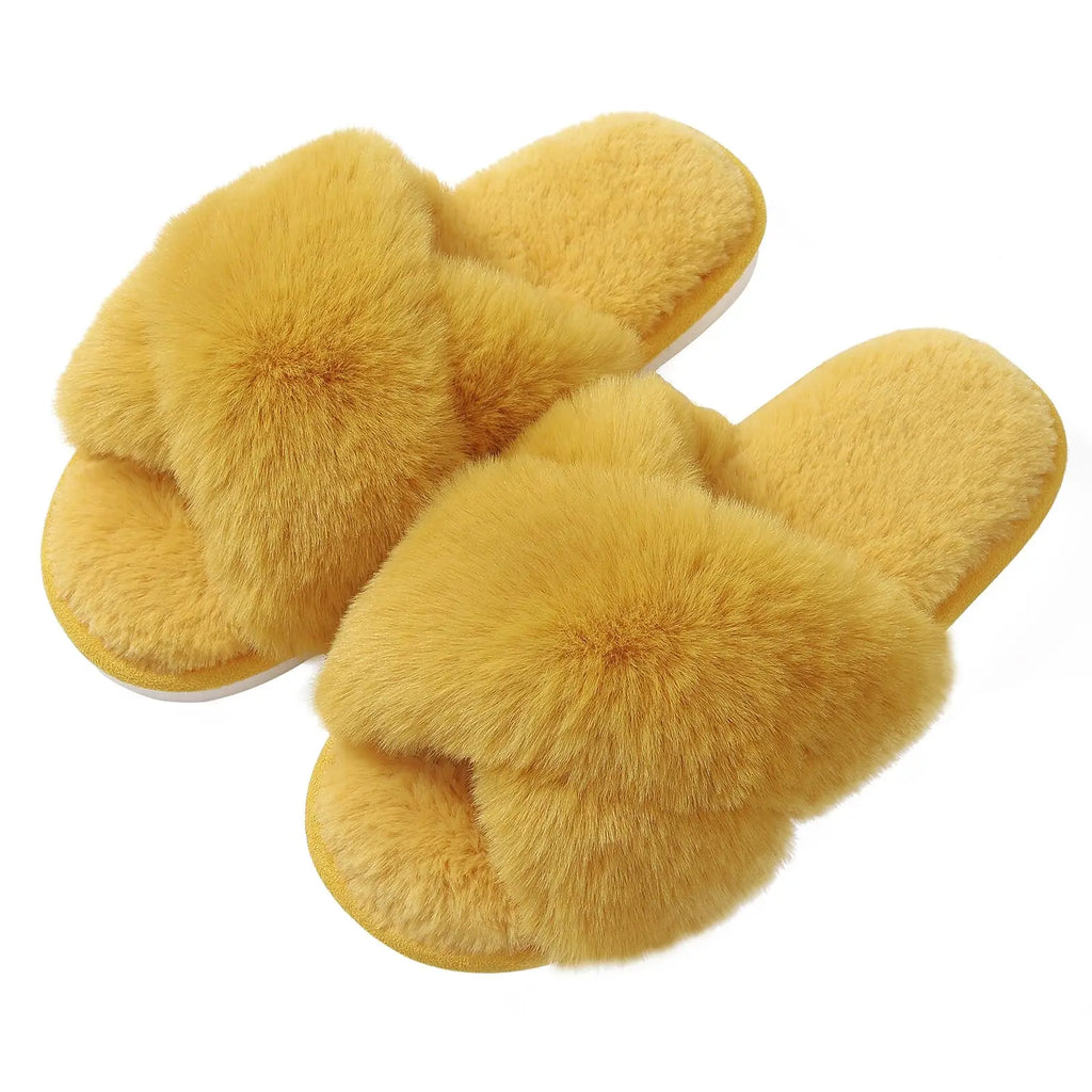 Eyriphy Indoor Open Toe Flats Cotton Shoes Comfort House Slippers Winter Fluffy Fur Slippers Women Fashion Plush Fuzzy Slippers