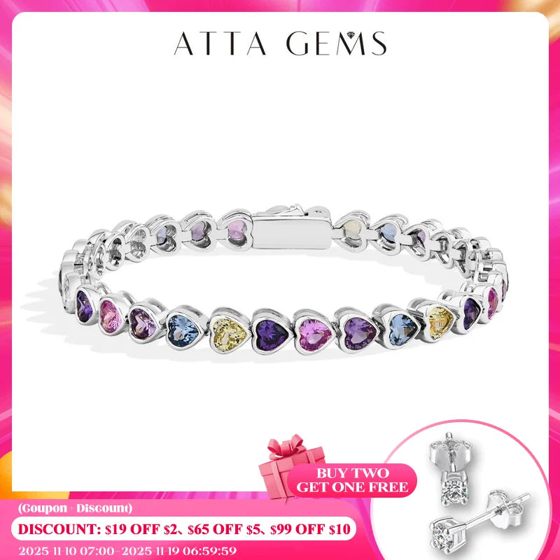 ATTAGEMS Heart-shape Sapphire Colorful Bracelet S925 Sterling Silver 18K Gold Plated Zircon For Women Engagement  Party  Jewelry
