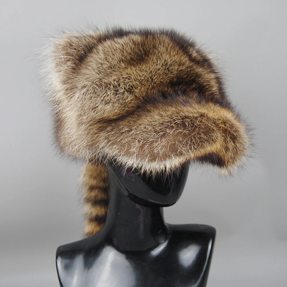 Hot Sale Lady Winter Warm Real Raccoon Fur Baseball Cap Brim Cute Ears Hat Women Girls Thick Fashion Warm Raccoon Fur Tail Hats