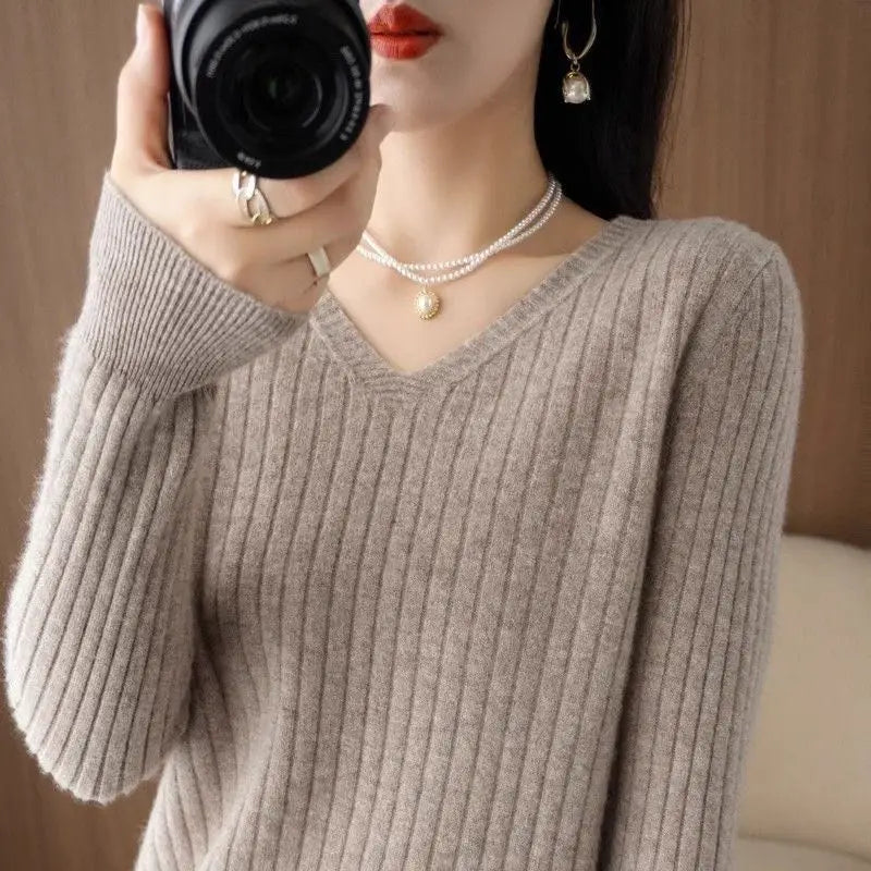Chic Casual Autumn Winter Basic Sweater Pullovers Women V-neck Solid Knit Loose Pullover Female Long Sleeve Warm Khaki Sweater
