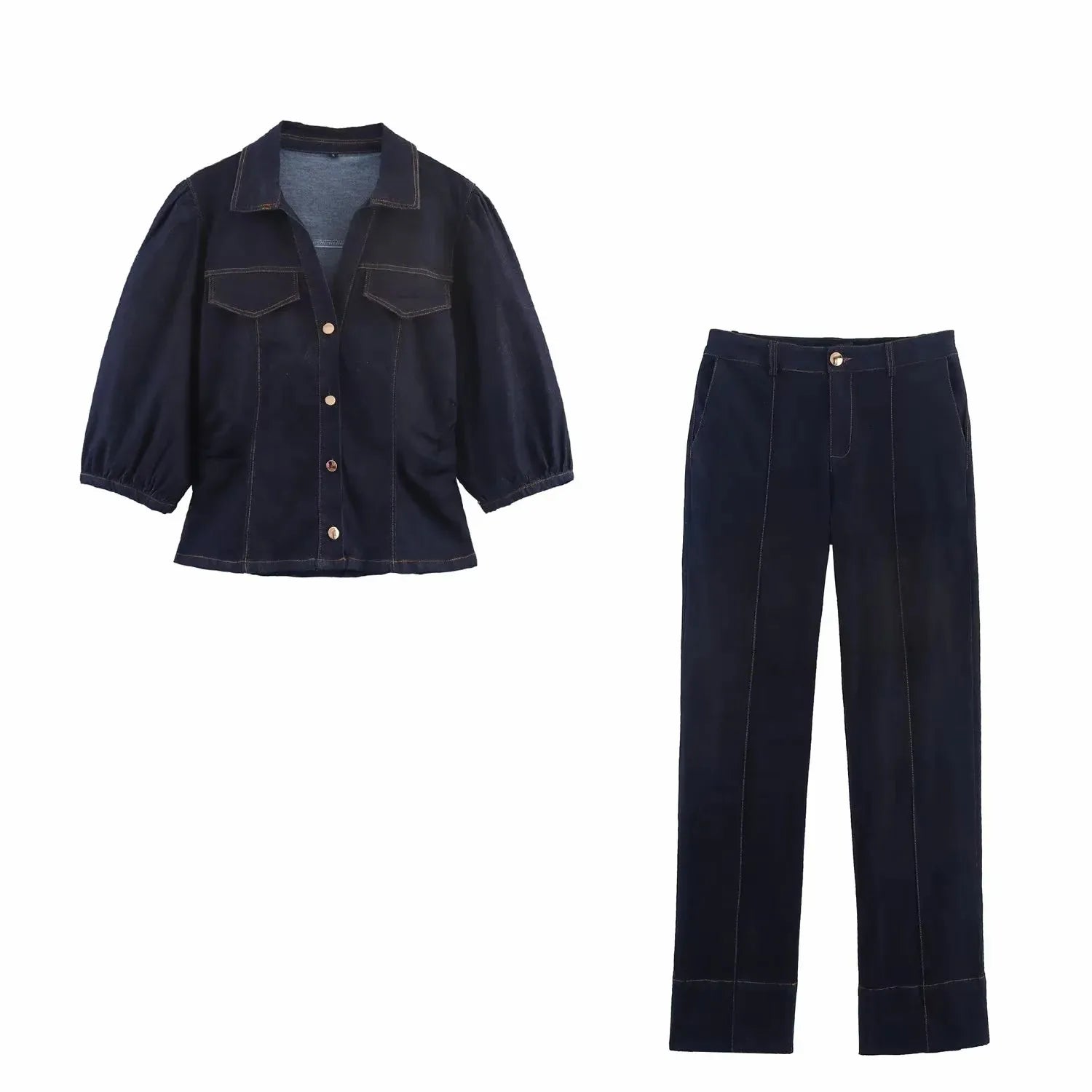 Women's 2025 Vintage Denim Set Single Breasted Lapel Shirt With High Waist Wide Leg Jeans Fall High Street Casual Outfit