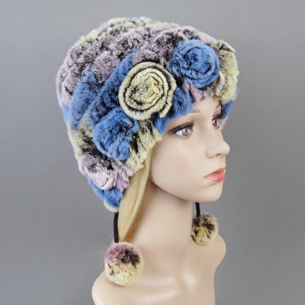 Hot Sale Women Warm Rex Rabbit Fur Hat Scarf Sets Winter Lady Knit Fur Hats Muffler 2 Pieces Natural Rex Rabbit Fur Cap Scarves