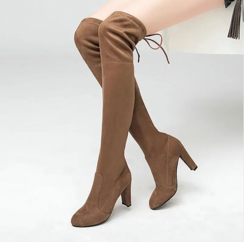 Brand Thigh High Botines Mujer Plush Fur Shoes Winter Stovepipe Stretch Over Knee Long Boots Women Lace-up Velvet Knight Bottes