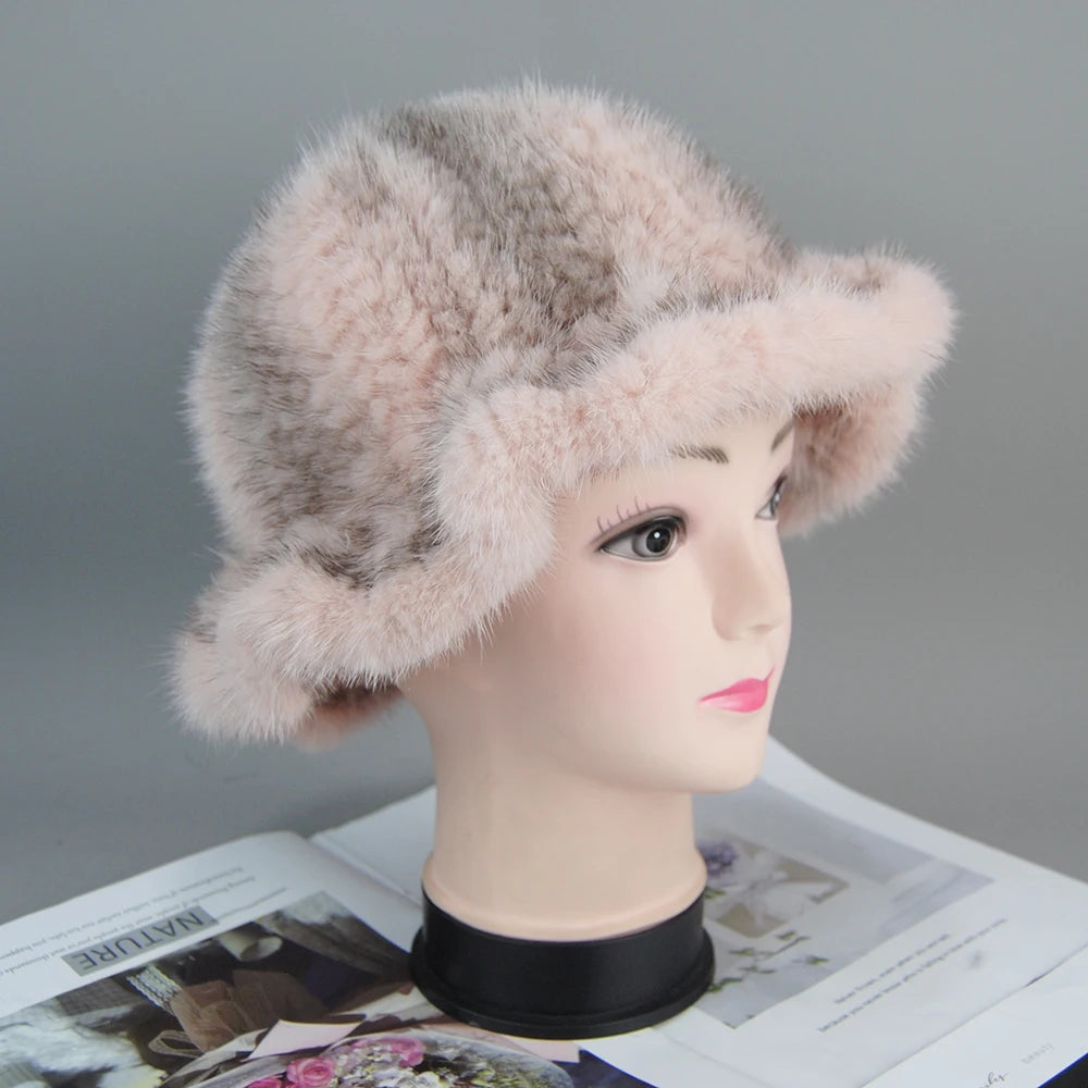 Women's Hat 2025 New Winter Real Mink Fur Hat Casual Luxury Flower Knitted Bucket Hat Pots Cap Lady Natural Mink Fur Cap Beanies