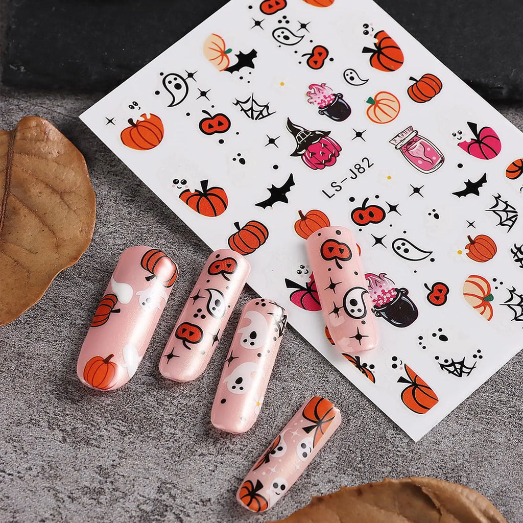 3D Halloween Nail Stickers: Ghost, Pumpkin, Bat, Cat, and Skeleton Designs - DIY Nail Art for Women and Children