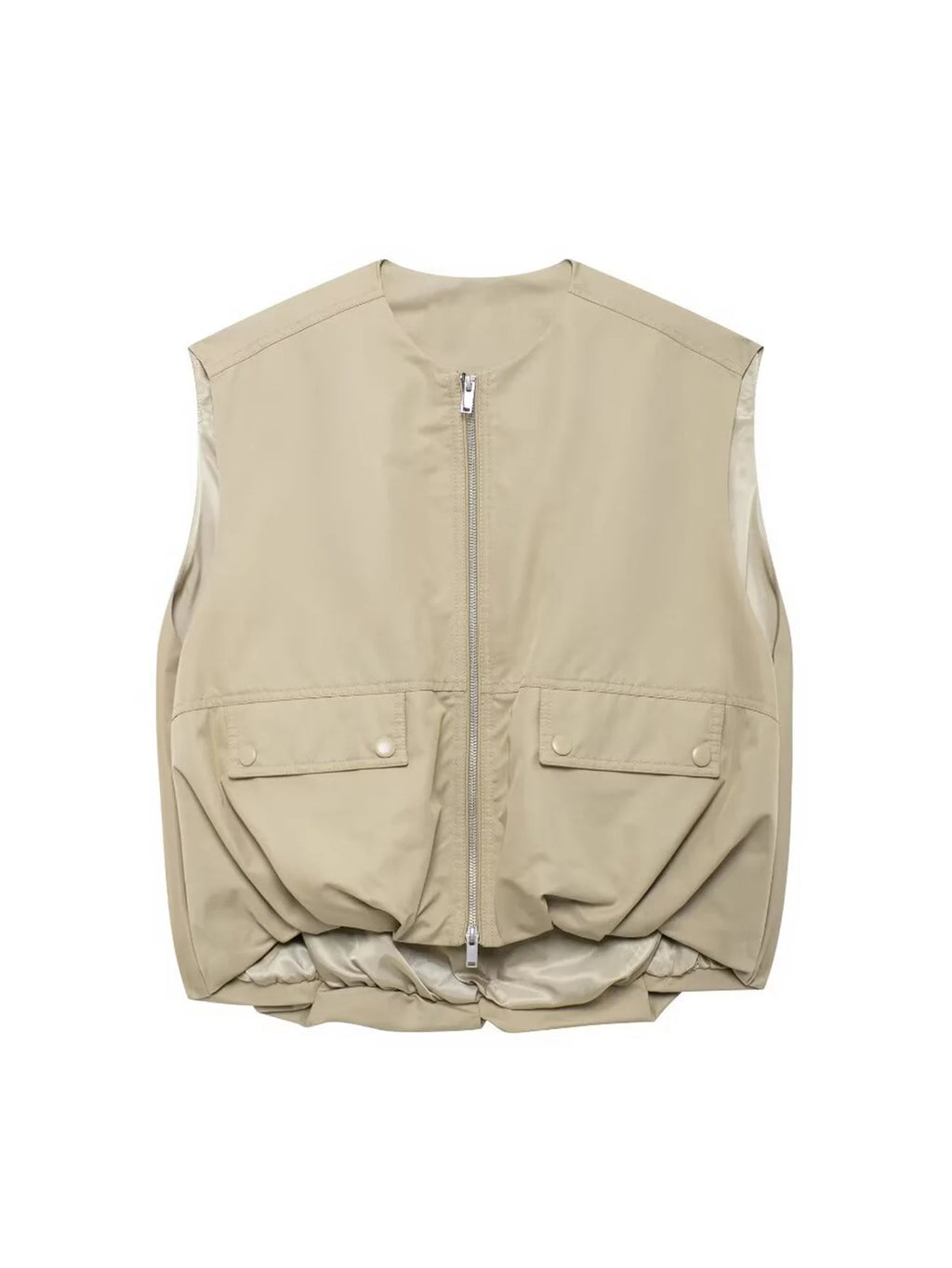 Women High Street Pleated Hem Loose Casual Vest Fashion Versatile Double Zipper Vest Female Round Neck Sleeveless Vest