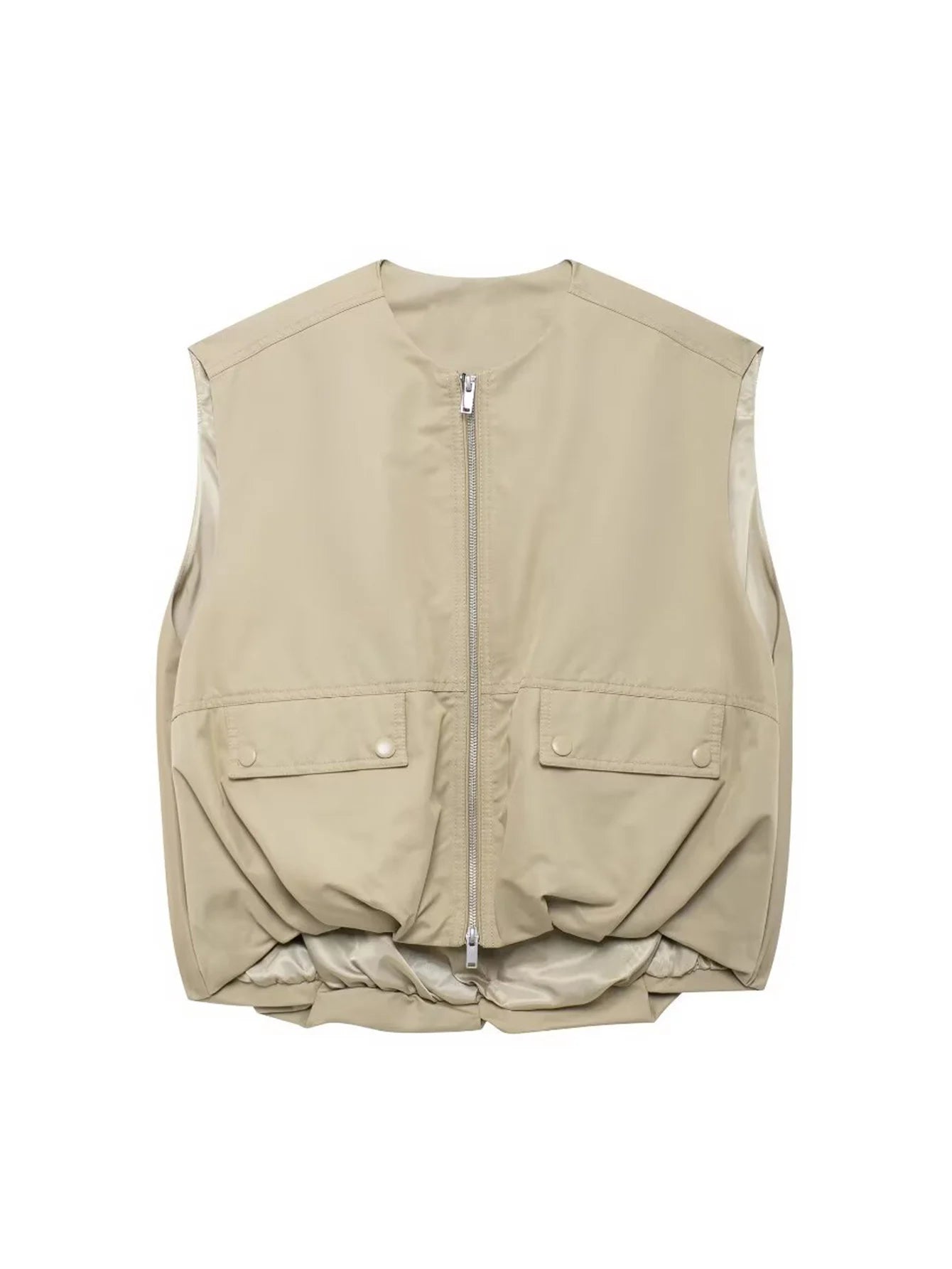 Women High Street Pleated Hem Loose Casual Vest Fashion Versatile Double Zipper Vest Female Round Neck Sleeveless Vest