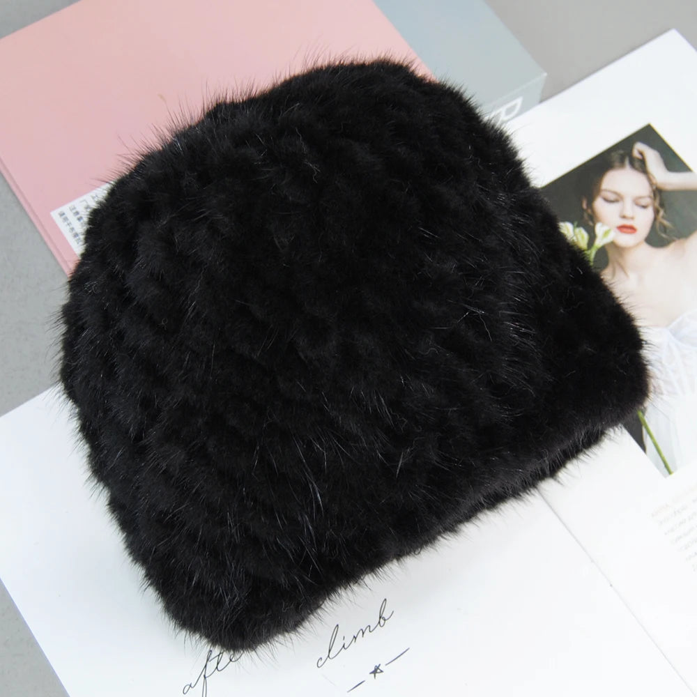 New Style Brand Fashion Genuine real natural women's knitted Mink Fur Hat Hand Made Knit Fashion Winter Headgear Berets cap