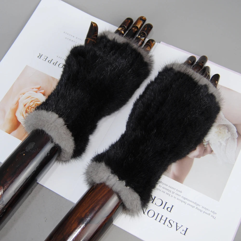 New Style Women Winter Real Mink Fur Gloves 100% Natural Warm Mink Fur Fingerless Gloves Girls Knitted Genuine Mink Fur Mittens