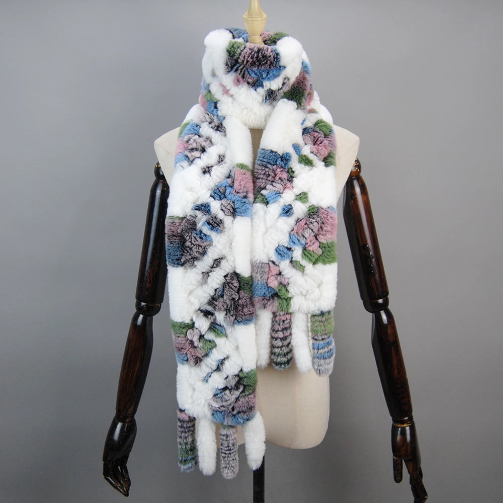 2025 Long Style Women Winter Real Rex Rabbit Fur Scarf Natural Rex Rabbit Fur Scarves Lady Knitted Rex Rabbit Fur Ring Scarves