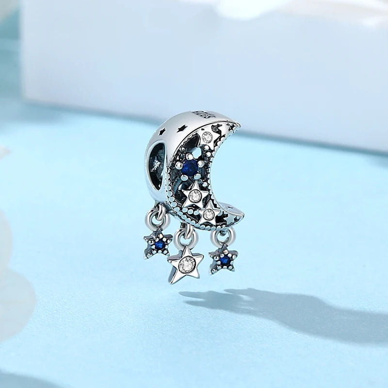 New Original 925 Sterling Silver Charms Star Moon Blue Crystal Glass Beads Fit Brand Bracelets Necklaces Jewelry For Women