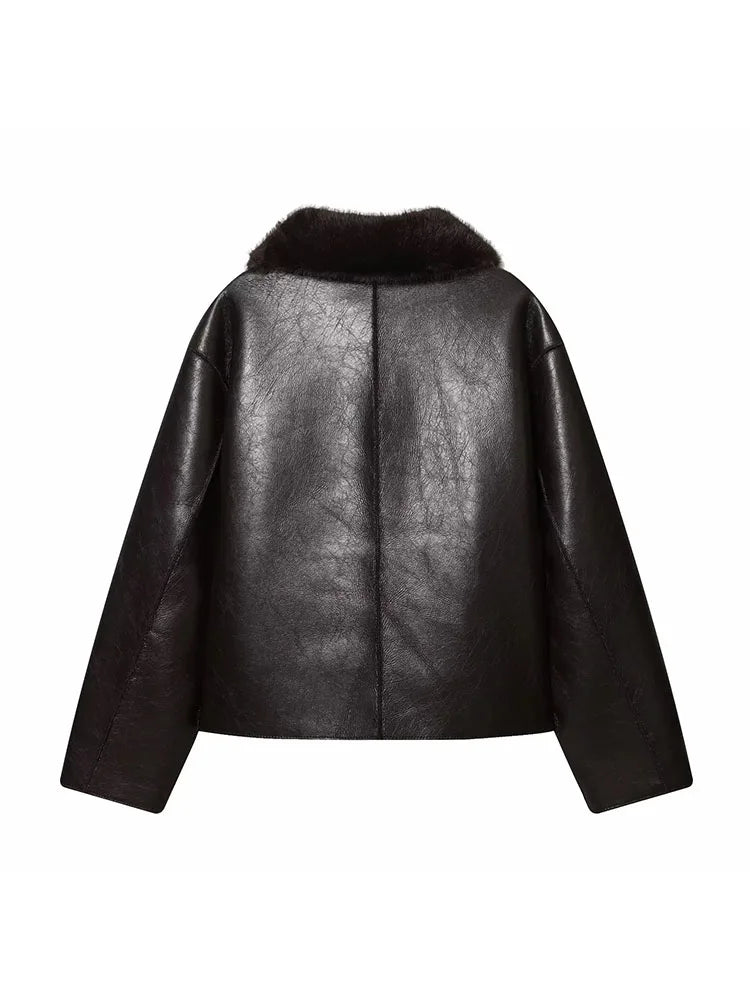 Women 2025 Winter New Reversible Plush Faux Leather Jackets For Blends Thick Winter Office Turn-down Collar Coat Chic Outerwear
