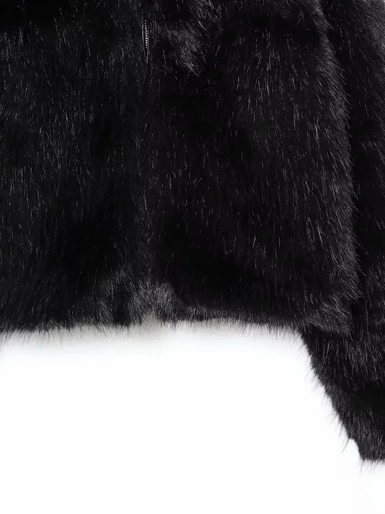 Women 2025 Winter New Hooded Short Faux Fur Jacket O Neck Women's Furry Jacket Long Sleeves Plush Coat Stylish Streetwear Top