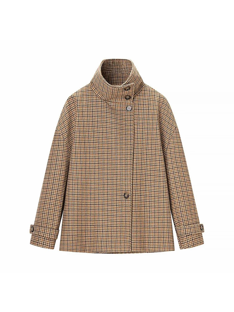 Women Fashion Houndstooth High Collar Short Jacket For Women Chic Long Sleeve Single Breasted Jacket Lady Outerwear