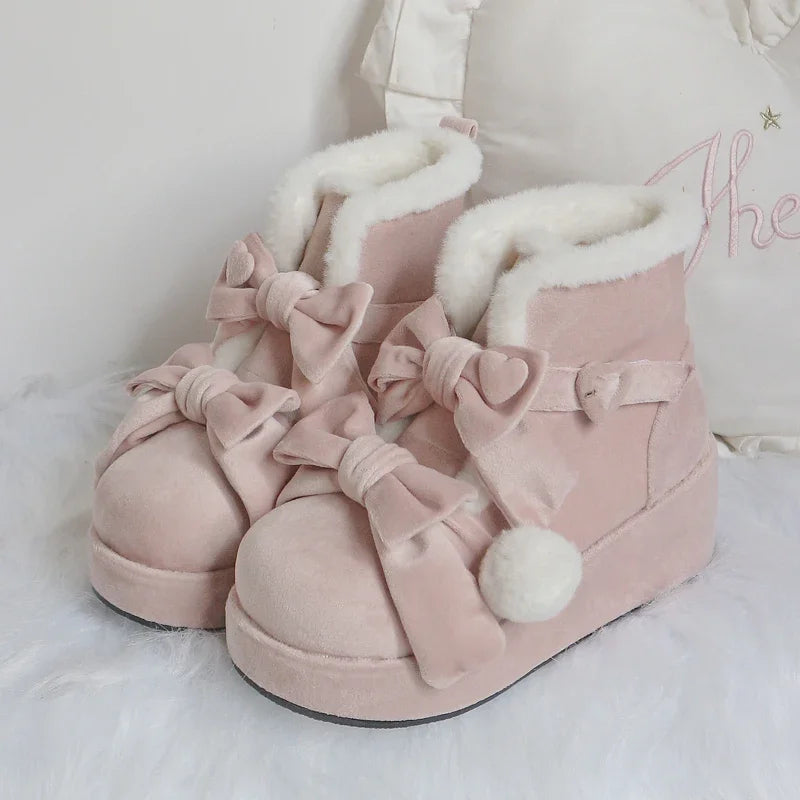 Thick-soled Snow Boots Women Winter Velvet Kawaii Pink Shoes Lolita Sweet Cute Bow Boot Women