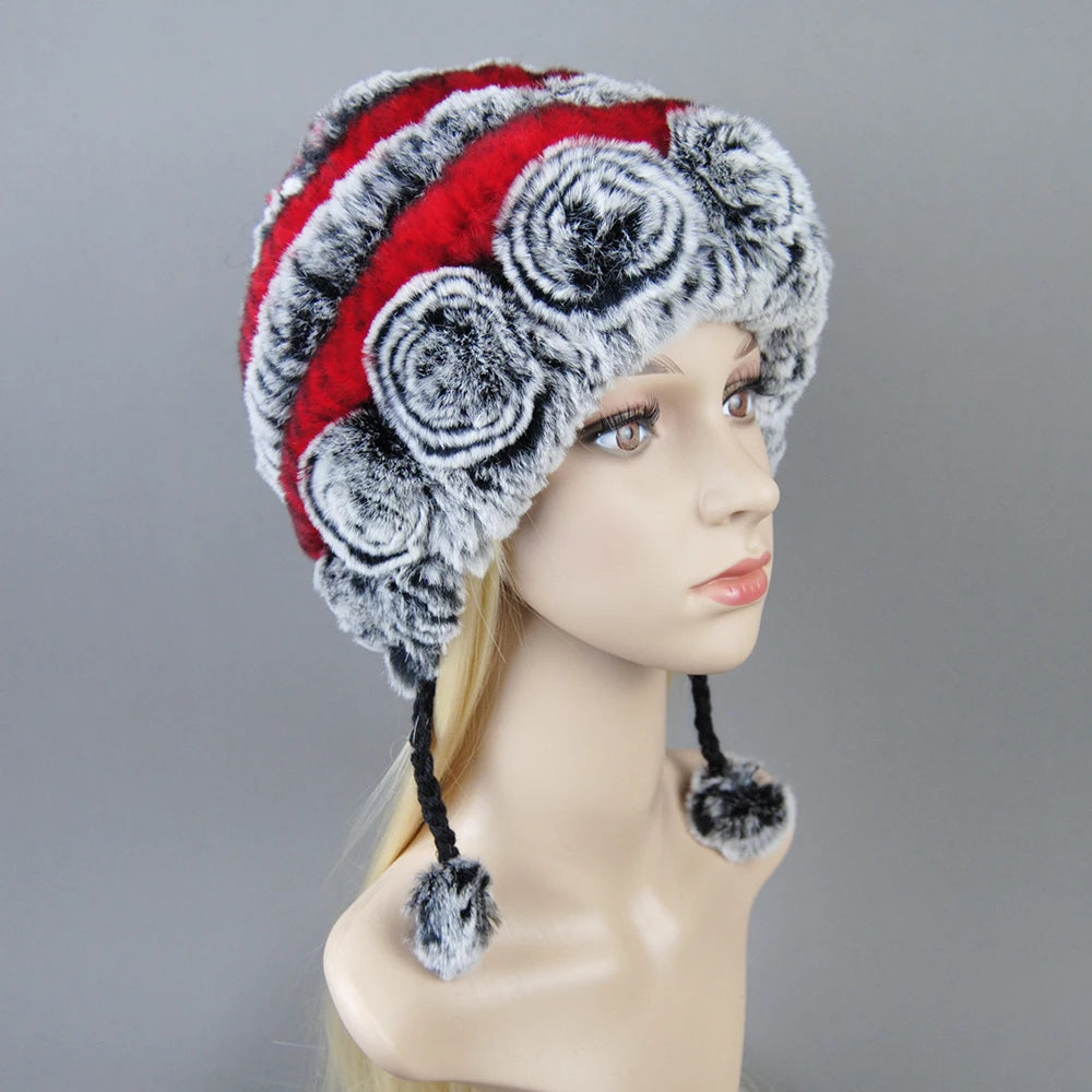 Hot Sale Women Warm Rex Rabbit Fur Hat Scarf Sets Winter Lady Knit Fur Hats Muffler 2 Pieces Natural Rex Rabbit Fur Cap Scarves