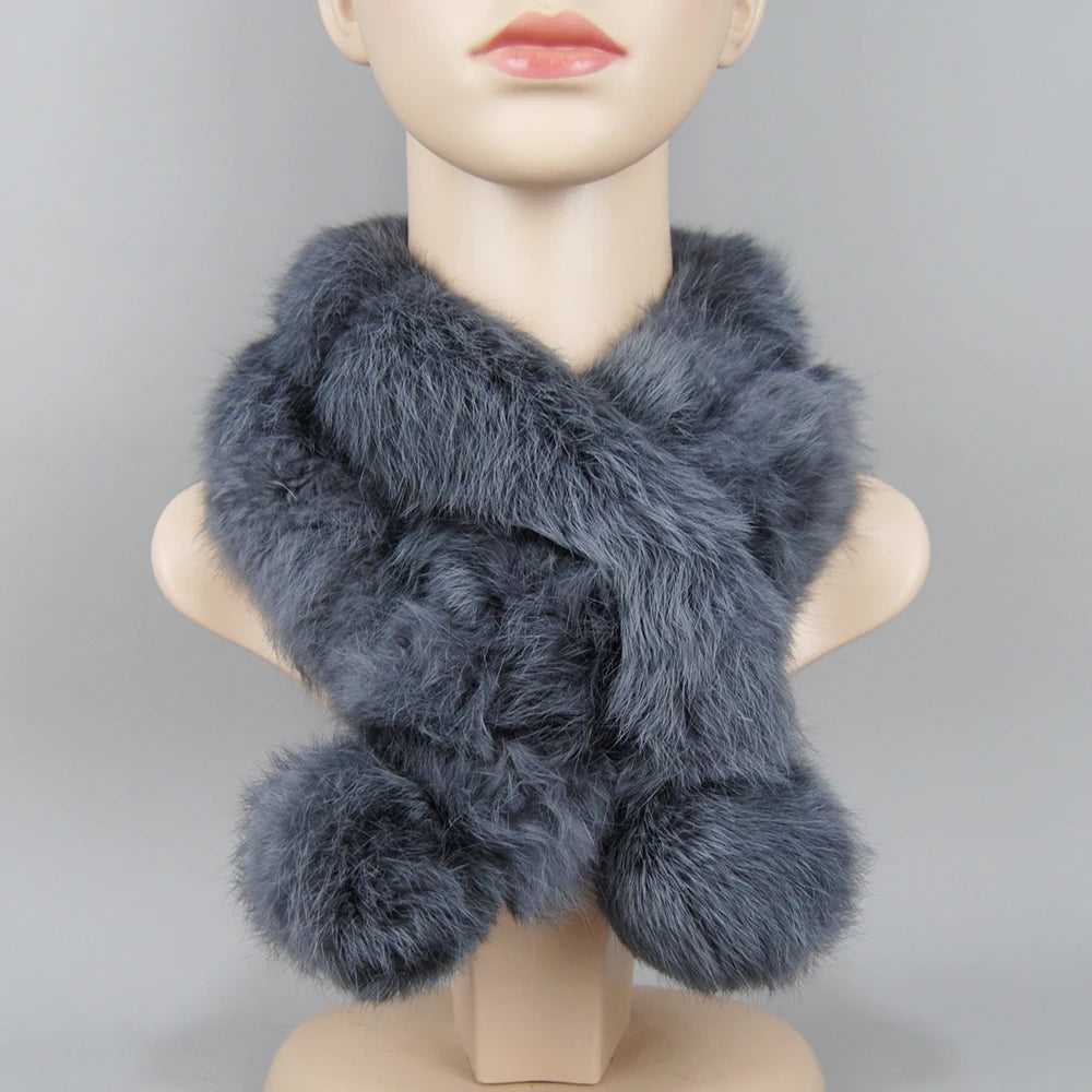 2025 New Russian Women Genuine Rabbit Fur Scarf Winter Ladies Warm Real Rabbit Fur Muffler Fluffy Pompoms Natural Fur Scarves