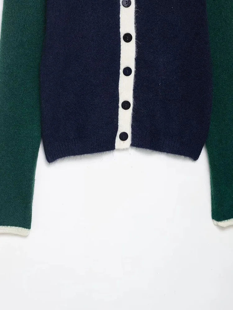 Women 2025 Winter New Knit Cardigan Contrast Trim Crew Neck Long Sleeve Button Sweater Casual Streetwear Knitted Sweatshirt Top