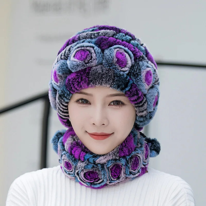 Hot Sale Women Warm Rex Rabbit Fur Hat Scarf Sets Winter Lady Knit Fur Hats Muffler 2 Pieces Natural Rex Rabbit Fur Cap Scarves
