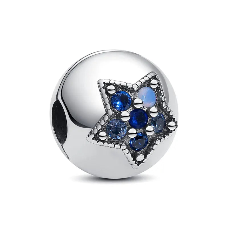New Original 925 Sterling Silver Charms Star Moon Blue Crystal Glass Beads Fit Brand Bracelets Necklaces Jewelry For Women