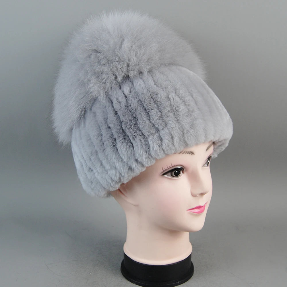 Female's Hat Good Elastic Natural Fluffy Real Fox Fur Hat New Winter Women Knitted Real Rex Rabbit Fur Hats Lady Real Fur Cap
