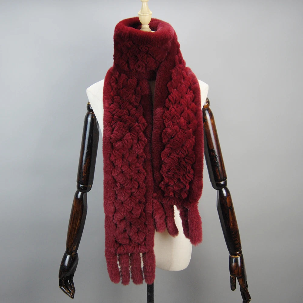 2025 Long Style Women Winter Real Rex Rabbit Fur Scarf Natural Rex Rabbit Fur Scarves Lady Knitted Rex Rabbit Fur Ring Scarves
